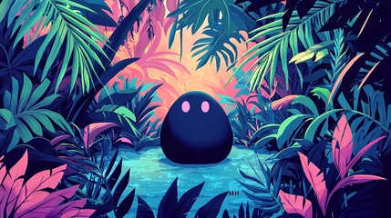 Wall Mural -   A black ball rests amidst green and pink foliage beside a water body