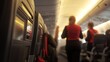 © Elmira - A worried passenger clutches the armrest tightly as turbulence shakes the overhead bins. Flight attendants move through the aisle, offering help to others in distress