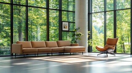 Poster - This minimalist living area showcases a large beige sectional sofa and a matching lounge chair, illuminated by natural sunlight through expansive windows, surrounded by greenery