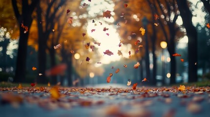 Wall Mural - The park pathway is beautifully lined with vibrant autumn leaves, some swirling in mid-air as trees form a colorful arch overhead, capturing the essence of fall