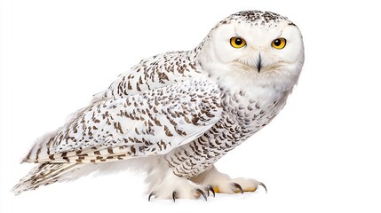 Poster -   A white owl perches on its hind legs, yellow eyes alert