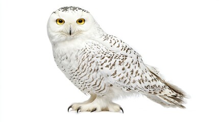 Poster -   A white owl perched on a white background, gazing curiously into the lens