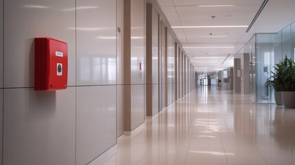 Poster - The spacious hallway showcases light grey walls and sleek tiles, with a striking red fire alarm box on the left, reflecting modern design and safety priorities