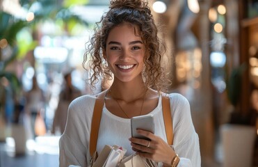 Cheerful woman holding shopping bags and phone in a vibrant mall environment