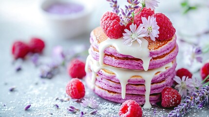 Wall Mural -   Stack of pancakes topped with raspberries and drizzled with icing