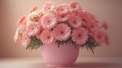 Wall Mural -  Pink vase with pink daisies on white countertop against pink wall