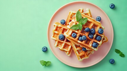 Poster -   A plate of blueberry-topped waffles with a mint garnish on a green leafy background