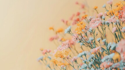 Wall Mural -   Close-up of flowers on yellow-pink background with blurred image of flowers in backdrop