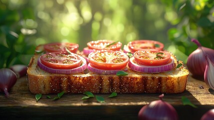 Poster -   Close-up of a sandwich with tomatoes and onions on wooden table surrounded by leaves and flowers