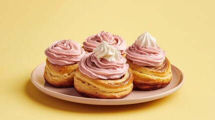 Poster -   A yellow table hosts pink frosted pastries atop a plate, accompanied by a cup of coffee