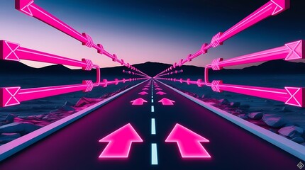 Red neon glowing arrows on the asphalt road passing through the desert. Straight ahead way concept, path to success direction, business career future guidance,journey to the destination (21)