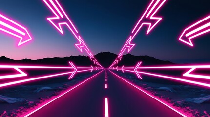 Red neon glowing arrows on the asphalt road passing through the desert. Straight ahead way concept, path to success direction, business career future guidance,journey to the destination (21)