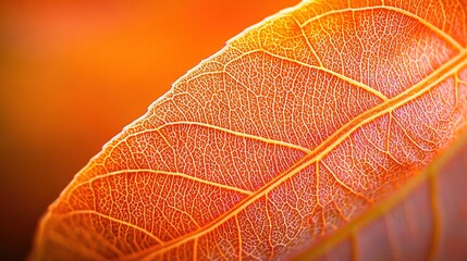 Poster -   A macroscopic photo of a leaf's vein with a vivid orange illumination in the backdrop