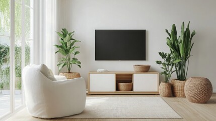 Poster - A cozy living room features a large television mounted on a light wall. Stylish plants in woven baskets add a touch of nature, while a white chair and soft rug enhance the welcoming atmosphere.