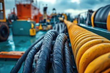 Heavy duty cables on a ship. The black and yellow cables provide power to the machinery on the ship.