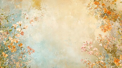 Canvas Print -   A painting of vibrant flowers and leaves set against a blue-yellow backdrop includes space for a name on the left side