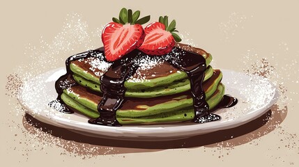 Sticker -   Stacked Pancakes with Chocolate Syrup & Strawberries