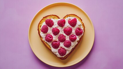 Sticker -   A heart-shaped slice of bread with raspberries on it rests on a yellow plate on a purple tablecloth