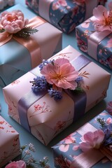 Poster -   A close-up of a gift box with a pink flower and numerous gift boxes in the background