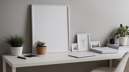 A study room interior design with decoratives, accessories and poster frame mock-up on the wall 3d illustration.