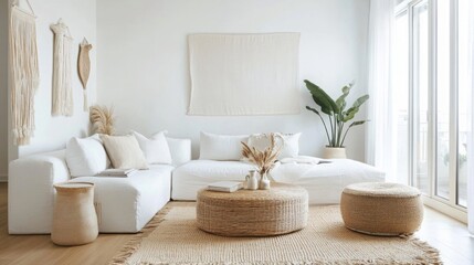 Poster - A bright, airy living room features a cozy white sofa adorned with neutral pillows. Natural elements like woven baskets and a potted plant enhance the serene atmosphere of the contemporary space.