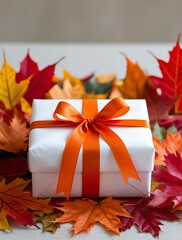 two packages tied with a ribbon and leaves around from fall, (24)