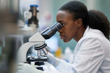 Poster - Black female scientist examines microscope in laboratory. Intently focused on equipment, possibly discovering or analyzing sample. Laboratory setting with various tools and instruments visible.