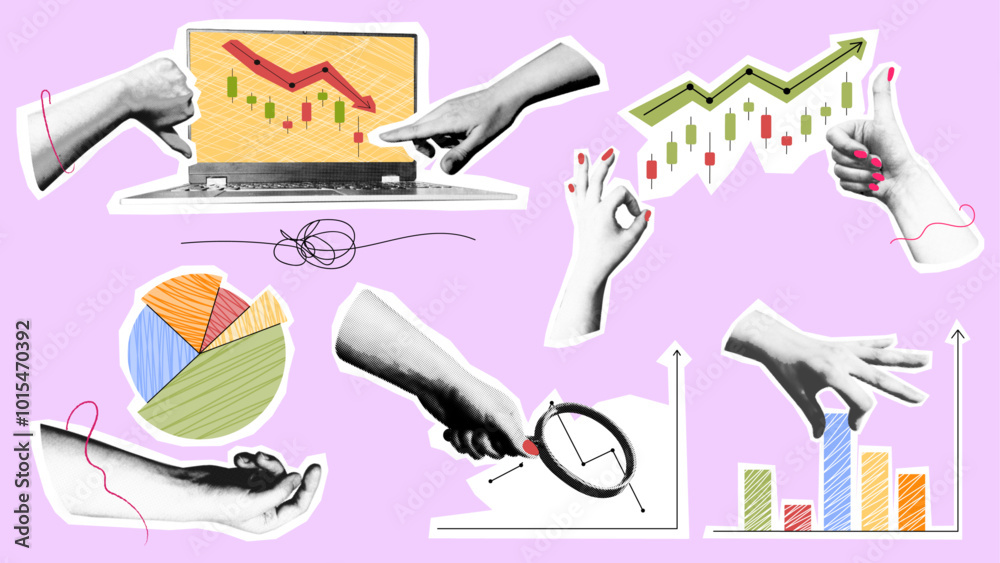 Halftone data analysis and statistics collage set. punk collage design ...