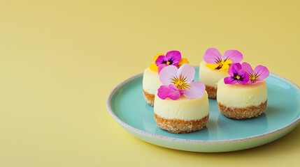 Wall Mural -   Three cheesecakes on a blue plate with pink and yellow pansies