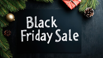 Black friday sale and christmas decorations on surface or table