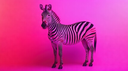 Canvas Print -   A zebra facing left, mouth agape against a pink and purple backdrop