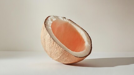 Poster -   A coconut cut in half sits atop a table alongside a piece of fruit