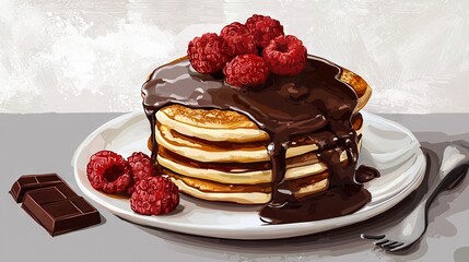 Wall Mural -   A painting of stacks of pancakes with chocolate syrup and raspberries on a plate near a fork