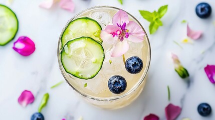 Poster -  Blueberry drink with cucumber slices on a rustic table surrounded by colorful flowers and delicate petals