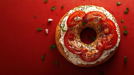 Wall Mural -   Red background Bagel, tomatoes, and cheese with sprinkles on top