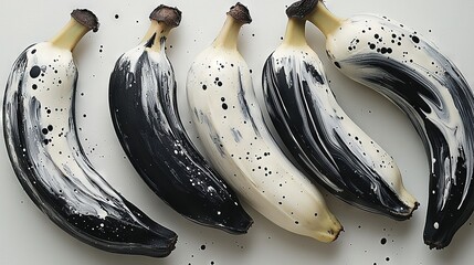 Canvas Print -   A trio of bananas rests together atop a black-and-white striped table