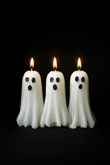 Canvas Print -   A trio of white ghost candles rest on a black table beside a black wall