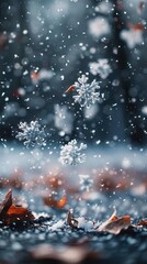 Wall Mural - Snowflakes falling silently on a winter landscape, delicate and serene, Nature, Cool tones, Photograph, Winter wonderland