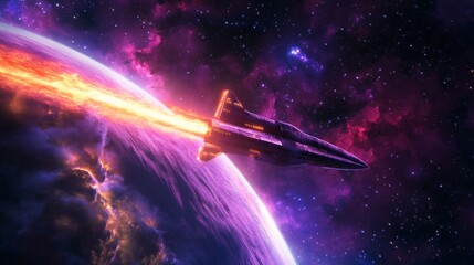 Fototapete - A sleek, futuristic spaceship with a glowing, orange engine trail flies past a colorful planet. The planet has a vibrant, purple atmosphere and a fiery, orange ring around it