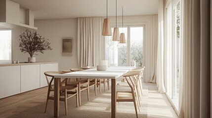 Aufkleber - The dining room features a large white table surrounded by wooden chairs and hanging pendant lights. Sunlight filters through the spacious windows, illuminating a serene atmosphere with soft colors.