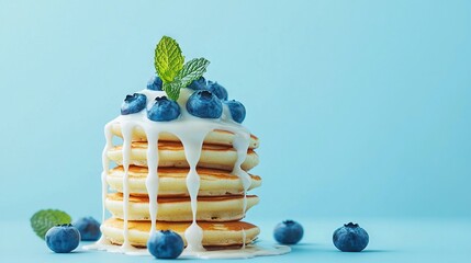 Poster -   A stack of pancakes topped with icing, blueberries, and a mint sprig