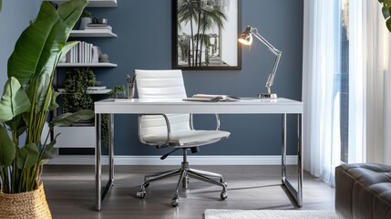 Poster - A white desk with a white chair sits in a home office with a plant on the left. The desk is positioned under a window with white curtains. A lamp is on the desk with a book.
