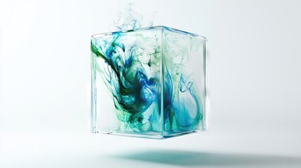 Poster -   A blue and green liquid is in a square glass container with a white background