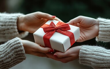 Close-up of hands exchanging a beautifully wrapped gift with red ribbon, representing the spirit of giving and celebration during special occasions like Christmas or birthdays