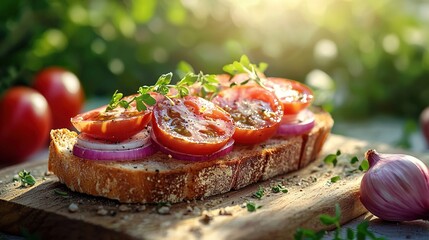 Sticker -   A close-up of a slice of bread with diced tomatoes and onions on a cutting board alongside minced garlic