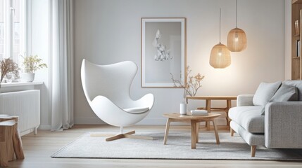 Poster - This modern living room showcases a distinctive white chair and warm pendant lights, complemented by minimalist decor that creates a cozy and inviting atmosphere in a bright, airy space.