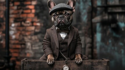 A stylish French Bulldog dressed in a classic brown suit with a bow tie and flat cap sits on a wooden box in an industrial area with brick walls, exuding charm and sophistication.