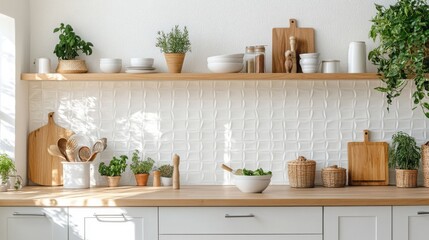 Poster - A clean and organized kitchen with white cabinets and wood shelves. The shelves are decorated with plants and utensils, including wooden cutting boards, white bowls, and a white vase