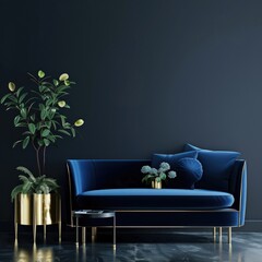 Stylish blue velvet sofa with gold trim and a gold planter standing on a dark floor against a dark blue wall in a minimalist interior.