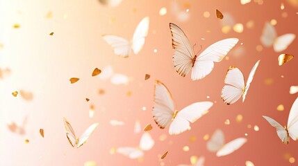 Sticker -   A fluttering swarm of white butterflies soars overhead with golden confetti cascading from their wings